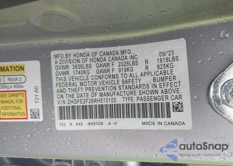 2024 Honda Civic Lx из США, поврежденный, VIN 2HGFE2F26RH510105